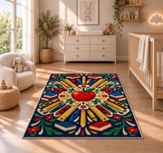 School Supplies Mandala Rug in a nursery beside a crib and dresser