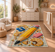 Giant Pencil Rug in a nursery beside a crib and dresser