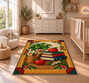 Ruler Border Teacher Rug in a nursery beside a crib and dresser