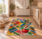 Art Teacher Rug in a nursery beside a crib and dresser