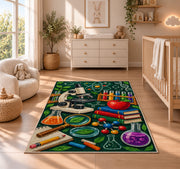 Science Teacher Rug in a nursery beside a crib and dresser
