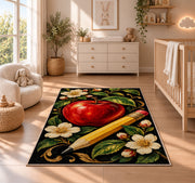 Apple and Pencil Rug in a nursery beside a crib and dresser