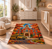 Autumn Schoolhouse Rug in a nursery beside a crib and dresser