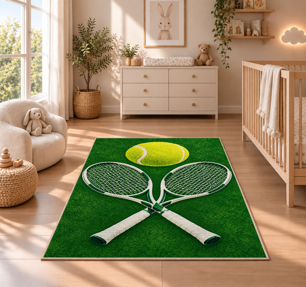 Tennis Rackets and Ball Rug in a nursery beside a crib and dresser