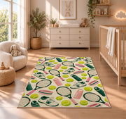 Tennis Pattern Rug in a nursery beside a crib and dresser