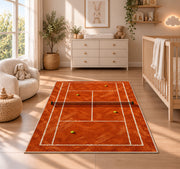 Clay Tennis Court Rug in a nursery beside a crib and dresser