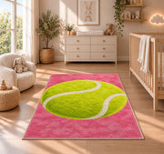 Giant Tennis Ball Rug in a nursery beside a crib and dresser