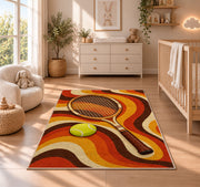 Retro Tennis Rug in a nursery beside a crib and dresser