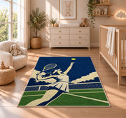 Tennis Player Serve Rug in a nursery beside a crib and dresser