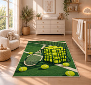 Tennis Ball Basket Rug in a nursery beside a crib and dresser