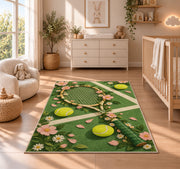Floral Tennis Racket Rug in a nursery beside a crib and dresser