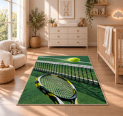 Tennis Net Rug in a nursery beside a crib and dresser