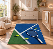 Blue Hard Court Tennis Rug in a nursery beside a crib and dresser