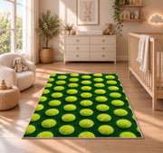 Tennis Ball Pattern Rug in a nursery beside a crib and dresser