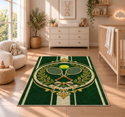 Vintage Tennis Crest Rug in a nursery beside a crib and dresser