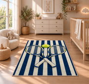 Preppy Stripe Tennis Rug in a nursery beside a crib and dresser