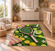 Summer Tennis Rug in a nursery beside a crib and dresser