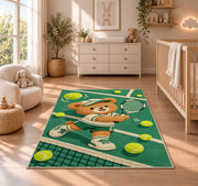 Baby Bear Tennis Rug in a nursery beside a crib and dresser