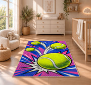 Pop Art Tennis Ball Rug in a nursery beside a crib and dresser