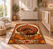 Fall Turkey Rug in a nursery beside a crib and dresser