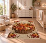 Harvest Basket Pumpkin Rug in a nursery beside a crib and dresser