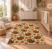 Turkey and Pumpkin Pattern Rug in a nursery beside a crib and dresser
