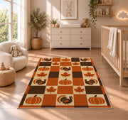 Retro Checkered Thanksgiving Rug in a nursery beside a crib and dresser