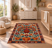 Folk Art Turkey Rug in a nursery beside a crib and dresser