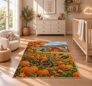 Pumpkin Patch Farm Rug in a nursery beside a crib and dresser