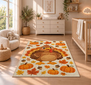 Cute Turkey Kids Rug in a nursery beside a crib and dresser
