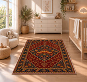 Persian Style Pumpkin Rug in a nursery beside a crib and dresser
