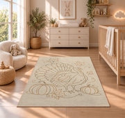 Minimalist Turkey Line Art Rug in a nursery beside a crib and dresser