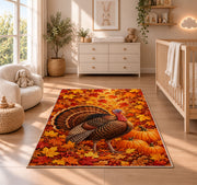 Turkey in Fall Leaves Rug in a nursery beside a crib and dresser