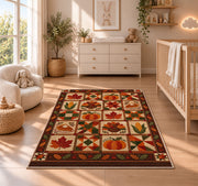Thanksgiving Patchwork Rug in a nursery beside a crib and dresser