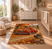 Red Vintage Truck Pumpkin Rug in a nursery beside a crib and dresser