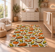 Thanksgiving Food Pattern Rug in a nursery beside a crib and dresser