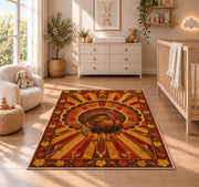 Turkey Sunburst Rug in a nursery beside a crib and dresser