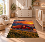 Red semi truck at sunset rug in a nursery beside a crib and dresser