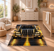 Chrome semi truck front rug in a nursery beside a crib and dresser