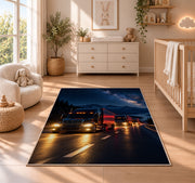 Semi truck convoy at night rug in a nursery beside a crib and dresser