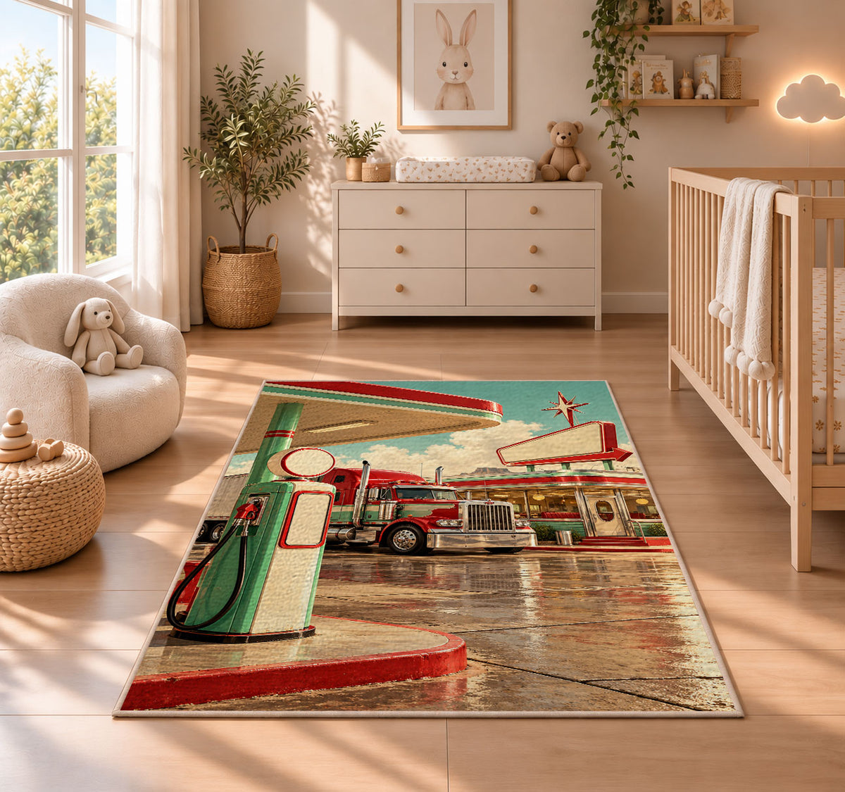 Retro truck stop rug in a nursery beside a crib and dresser