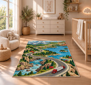 Illustrated road map with trucks rug in a nursery beside a crib and dresser