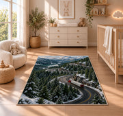 Semi truck on mountain pass rug in a nursery beside a crib and dresser