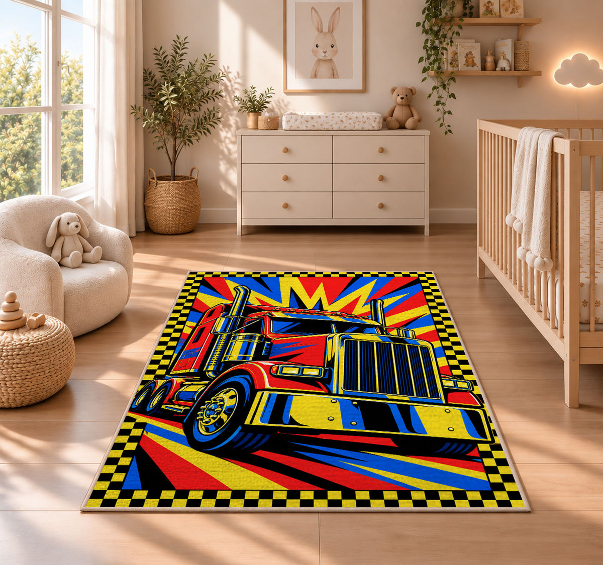 Pop art semi truck rug in a nursery beside a crib and dresser