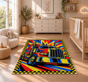 Pop art semi truck rug in a nursery beside a crib and dresser
