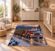 Christmas tree semi truck rug in a nursery beside a crib and dresser