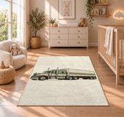 Vintage 1950s truck rug in a nursery beside a crib and dresser