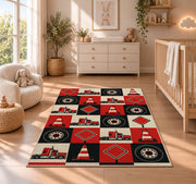 Checkered trucks and road signs rug in a nursery beside a crib and dresser