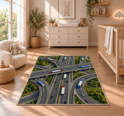 Highway interchange from above rug in a nursery beside a crib and dresser