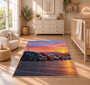 Semi trucks at a truck stop at sunrise rug in a nursery beside a crib and dresser